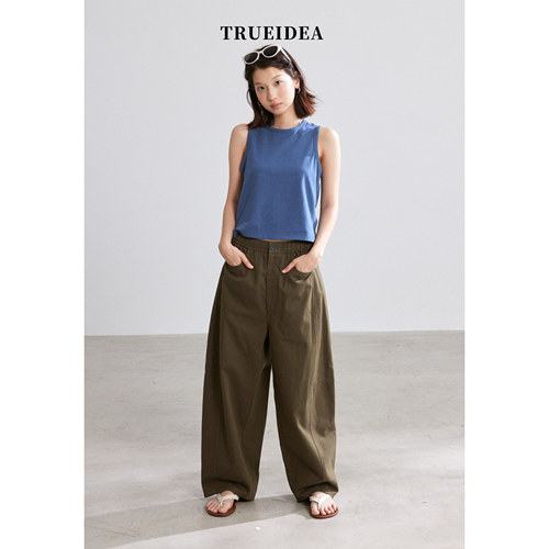 Trueidea   双纱色织汉麻棉松紧腰镰刀裤侧缝宽松休闲裤