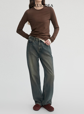 trueidea秋冬 重磅环保酵素洗水洗做旧复古牛仔裤 百搭直筒牛仔裤