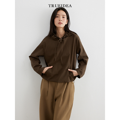 trueidea文艺百搭色织格连帽衬衫