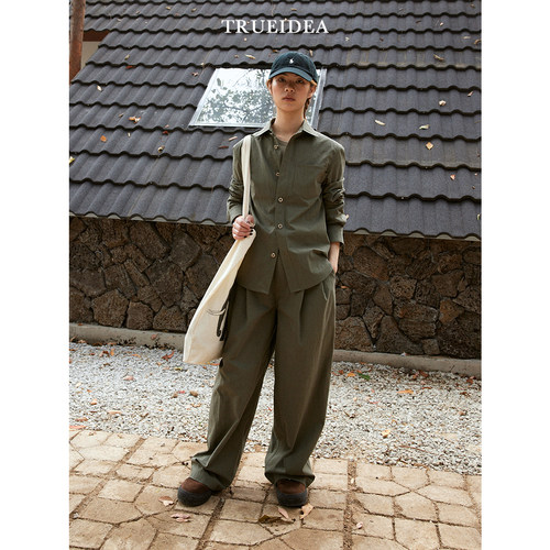 trueidea25春夏 立裁色织棉阔腿直筒裤 慵懒雅痞宽松打钉直筒裤