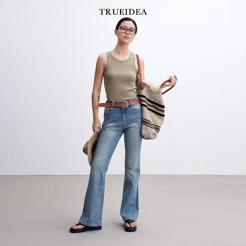 trueidea24夏 复古百搭水洗浅蓝高腰显瘦微喇牛仔裤