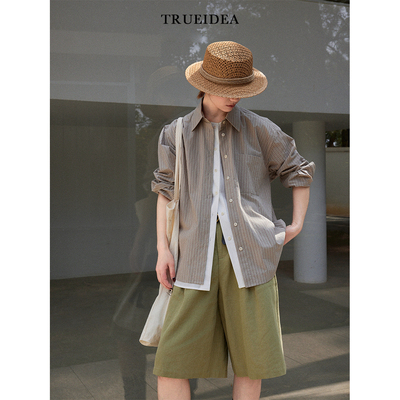 trueidea色织棉条纹假两件衬衫