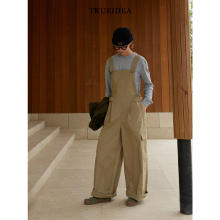 trueidea25春 轻薄色织棉宽松日系卡其色背带裤