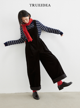 trueidea 24春秋 日系文艺百搭宽松直筒灯芯绒背带裤女新款长裤