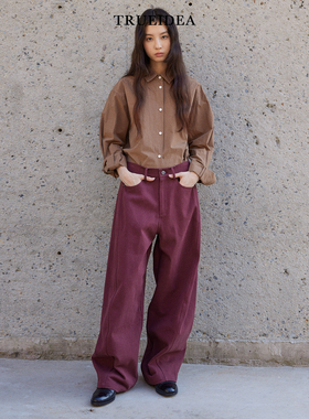 trueidea25秋冬 水洗汉麻质感棉 宽松立裁阔腿弯刀休闲裤葡萄酒红