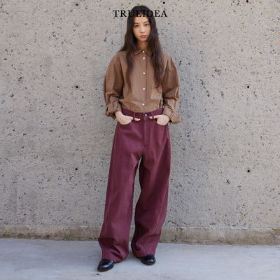 trueidea25秋冬 水洗汉麻质感棉 宽松立裁阔腿弯刀休闲裤葡萄酒红