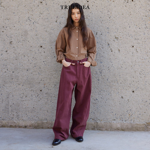 trueidea25秋冬 水洗汉麻质感棉 宽松立裁阔腿弯刀休闲裤葡萄酒红