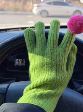 2025保暖羊毛针织手套女新款绿色创意秋冬保暖长款五指分指手套