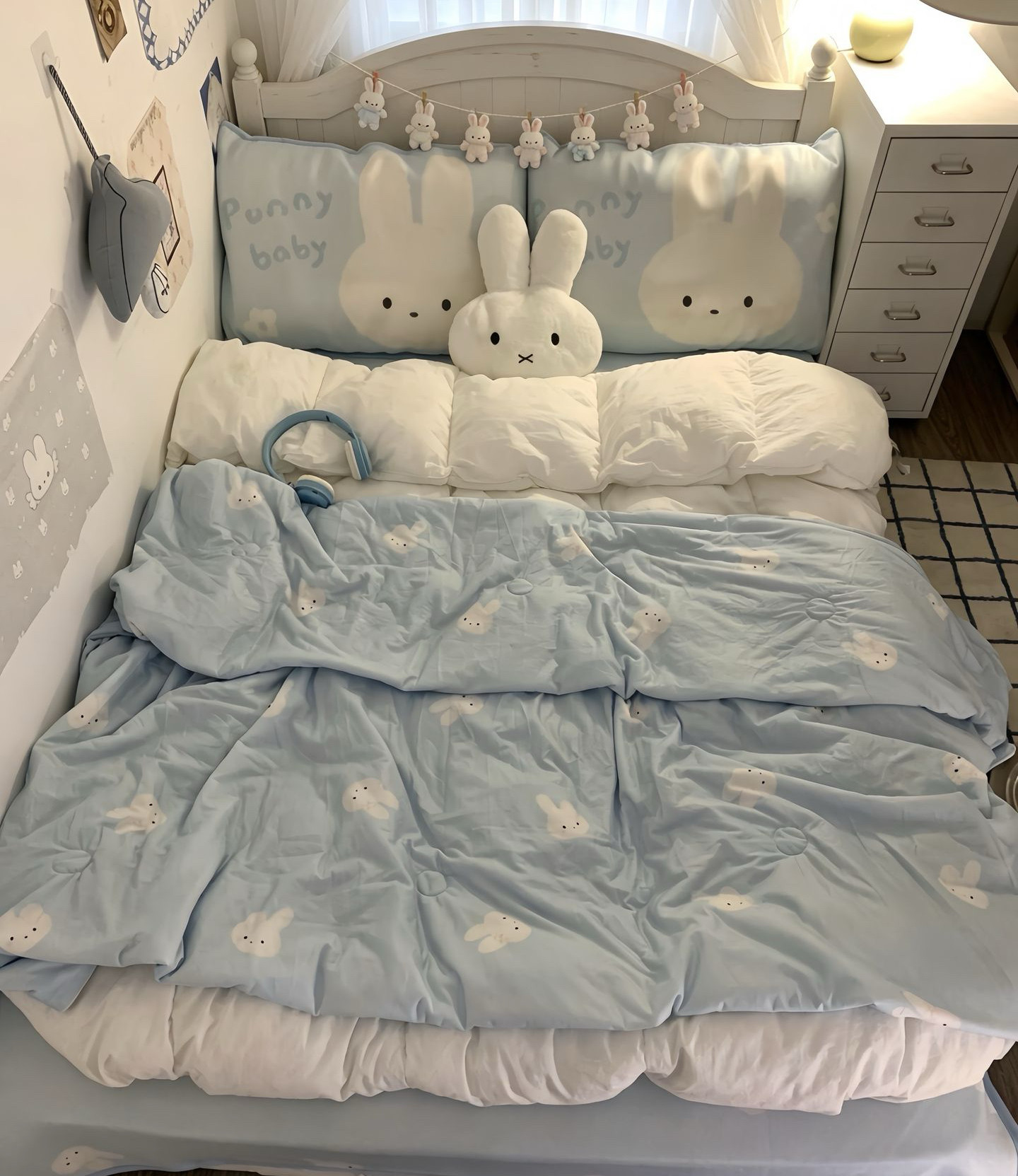 小兔子蓝色夏季可机洗水洗折叠卡通凉感席夏凉垫冰丝凉席三件套