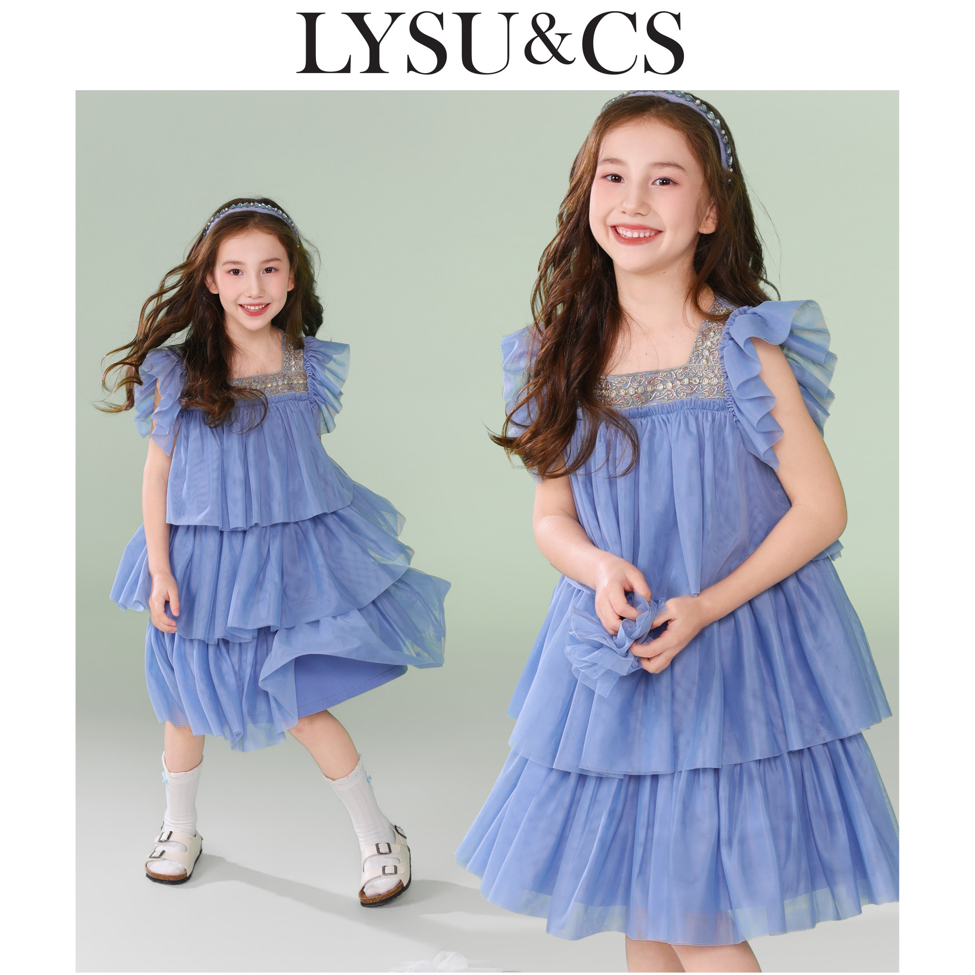 LYSUCS女童连衣裙2026夏季雾兰连衣裙儿童新中式风蛋糕裙公主纱裙