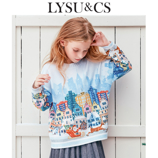 LYSUCS儿童毛衣全棉秋冬印花女童针织衫套头新年圣诞宽松保暖洋气