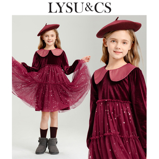 LYSUCS女童秋冬丝绒连衣裙新款法式红色礼服裙生日纱裙新年拜年服