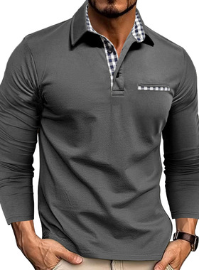 2025新款欧美男士休闲时尚polo衫 亚马逊爆款翻领长袖拼色t恤