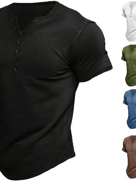 2022 跨境亚马逊夏季新款 欧美男士亨利衫短袖男纯色 t恤上衣