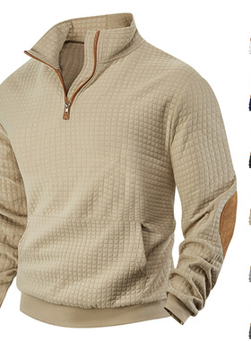 2025秋冬男士休闲卫衣新款亚马逊格子拉链开襟麂皮绒绣花提花卫衣