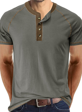 夏季欧美男装短袖男t恤 男士亨利衫亚马逊拼色体恤男上衣