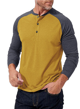 秋冬新款跨境欧美男装长袖拼色亨利衫男士圆领t恤亚马逊上衣