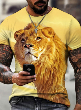 跨境电商亚马逊速卖通 动物野兽狮子3d打印夏季男士t恤