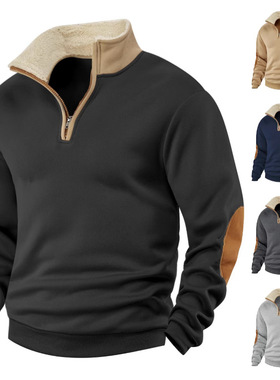 2025欧美跨境TEMU亚马逊新款卫衣复古拼接刺绣半开襟男士长袖卫衣