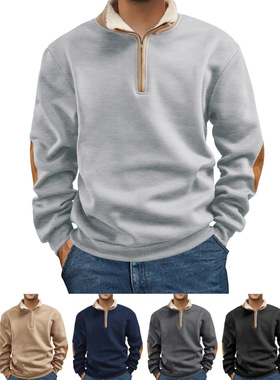 2025欧美跨境TEMU亚马逊新款卫衣复古拼接刺绣半开襟男士长袖卫衣