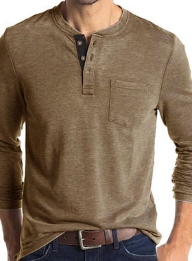欧美男装长袖圆领t恤 亚马逊男士打底衫男式体恤亨利领上衣