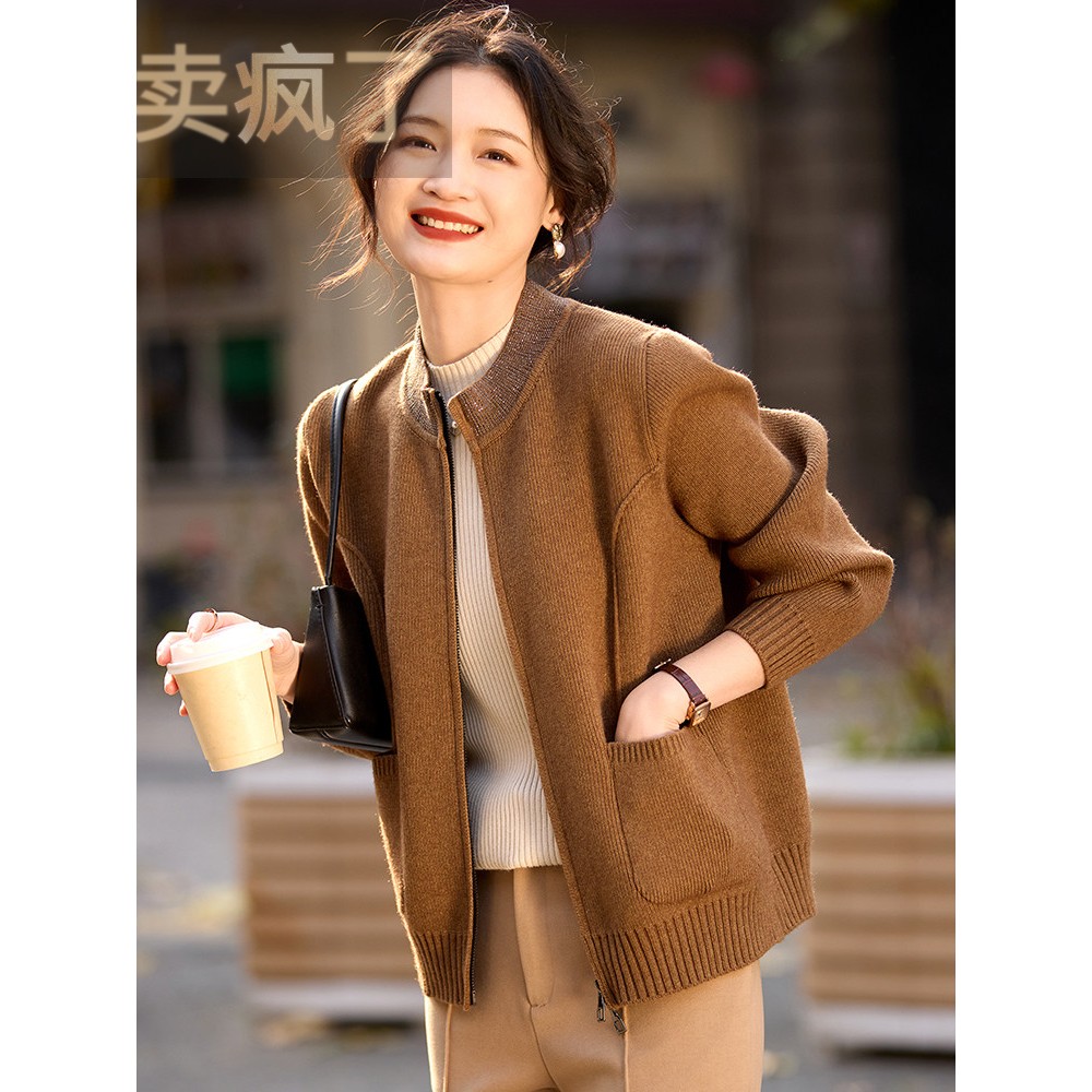 喜卉妈妈秋装新款洋气针织衫外套中老年女装春秋时尚大码拉炼上衣