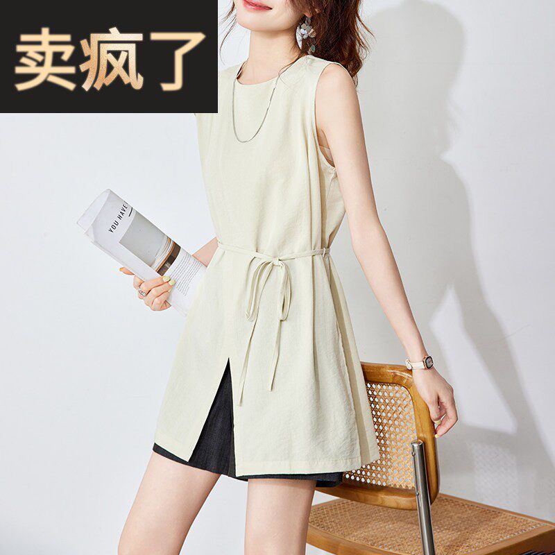 2025夏季新款设计感前开叉绑带收腰圆领无袖T恤时尚中长款上衣女