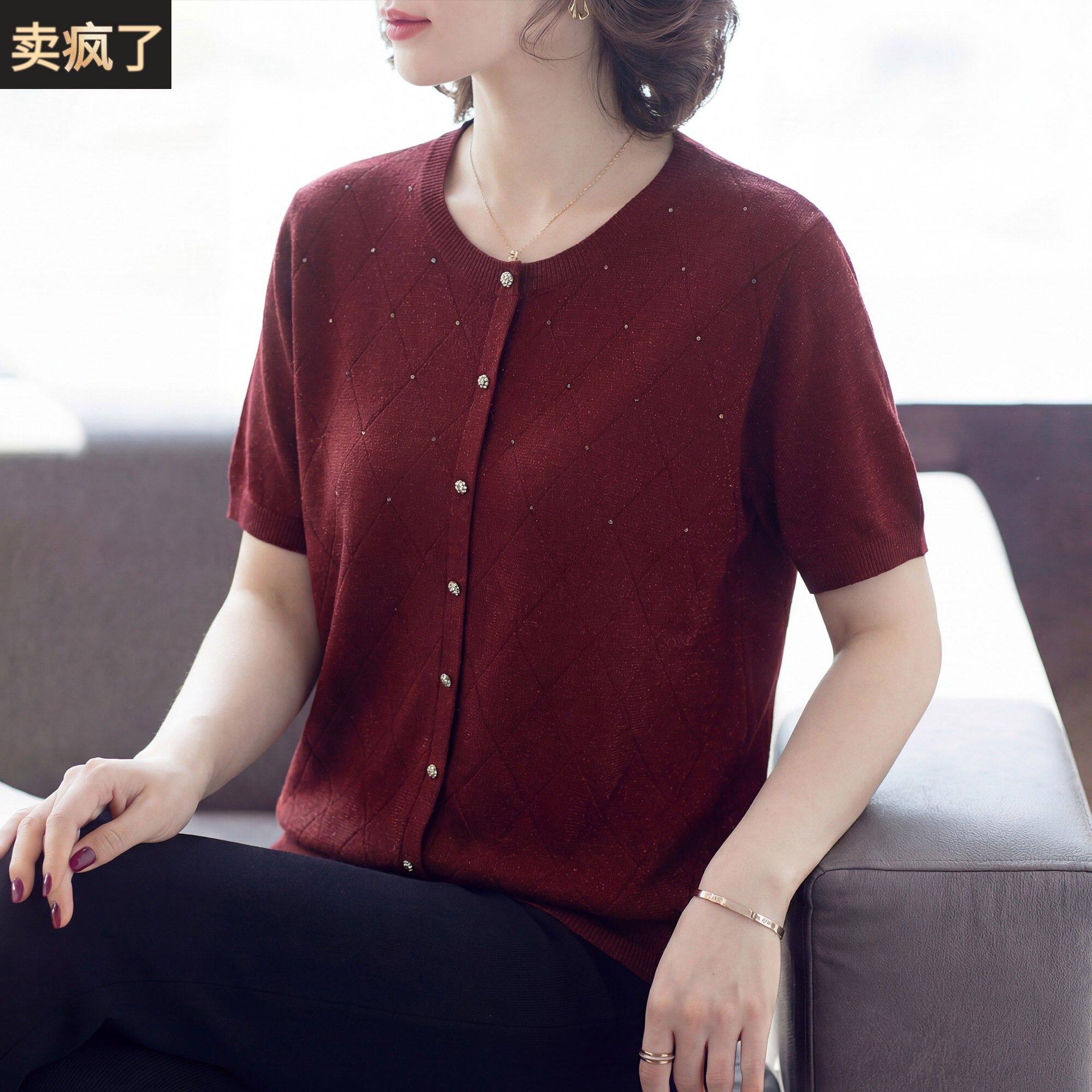 红色短袖开襟外套女中老年人妈妈夏装洋派质减龄针织T恤小衫上衣