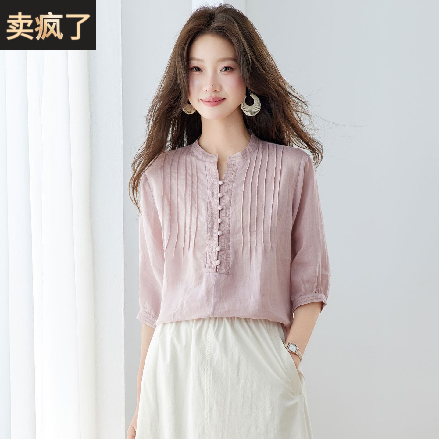 独特漂亮苎麻衬衫女短袖夏季棉麻亚麻刺绣高端妈妈装减龄中袖上衣