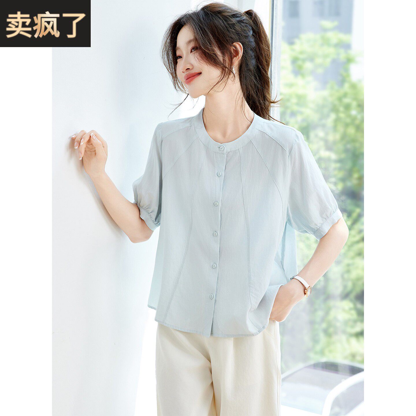 2025新款夏季浅蓝色纯棉短袖t恤上衣女年轻妈妈宽松洋派衬衫小衫