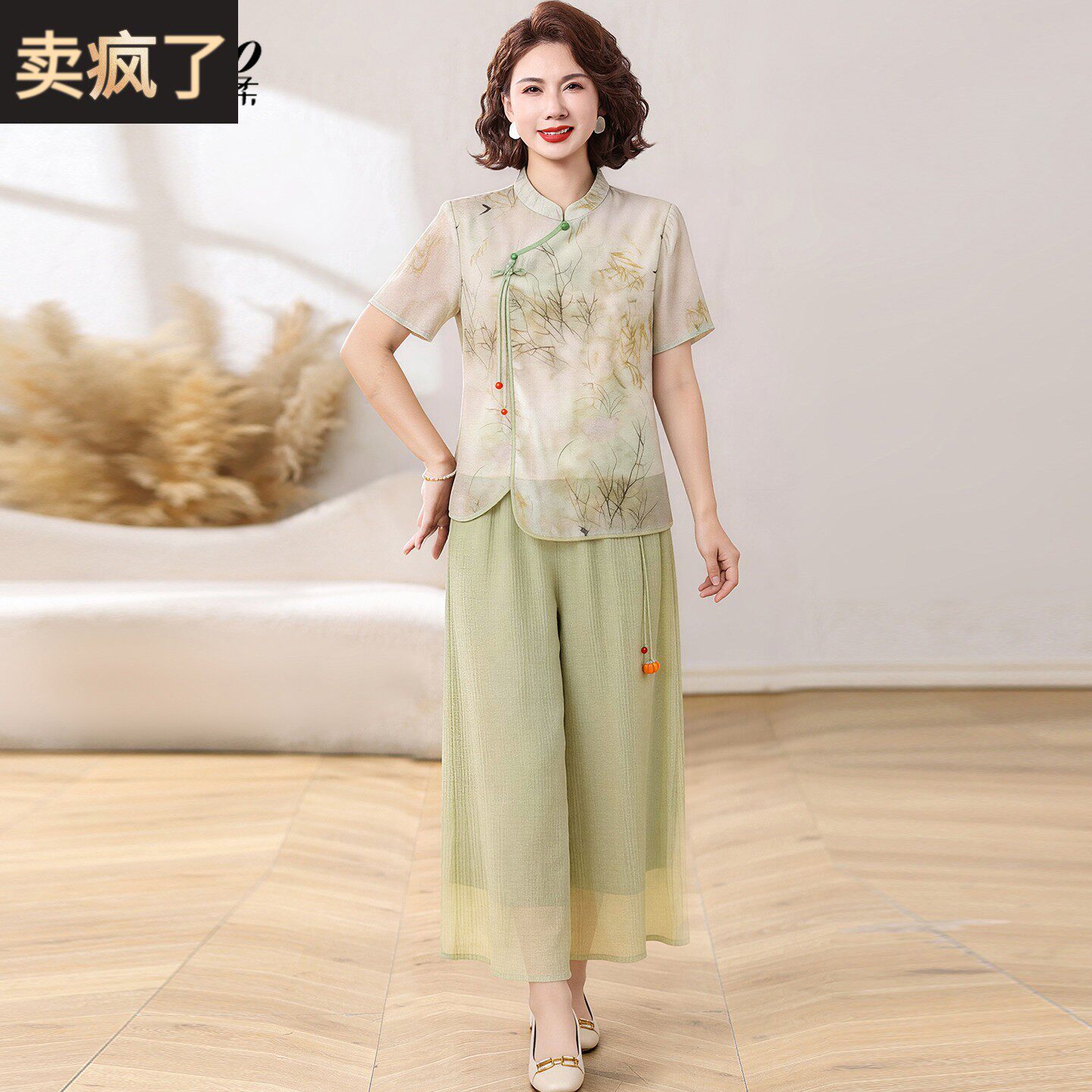 新中式妈妈夏装套装民族风棉麻两件套中老年女装夏季短袖小衫上衣