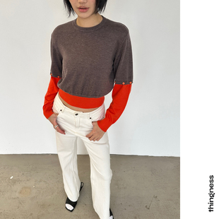 桑蚕丝羊毛拼接撞色针织长袖可拆卸袖子 棕红色 新年穿搭