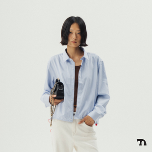 Thingness蓝经典蓝白条纹短款下摆抽绳长袖衬衫