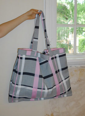 THINGNESS 粉灰撞色格纹大容量挺阔手拎单肩两背购物袋tote包
