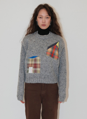 THINGNESS Homecoming 小房子补丁设计羊毛麻花灰套头长袖厚毛衣
