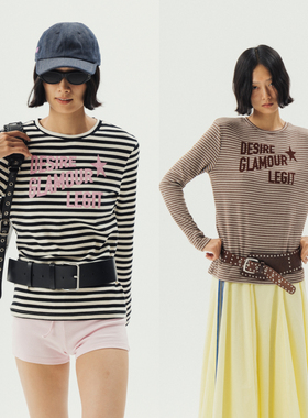 Thingness条纹复古千禧感闪粉/植绒棉质弹力长袖上衣