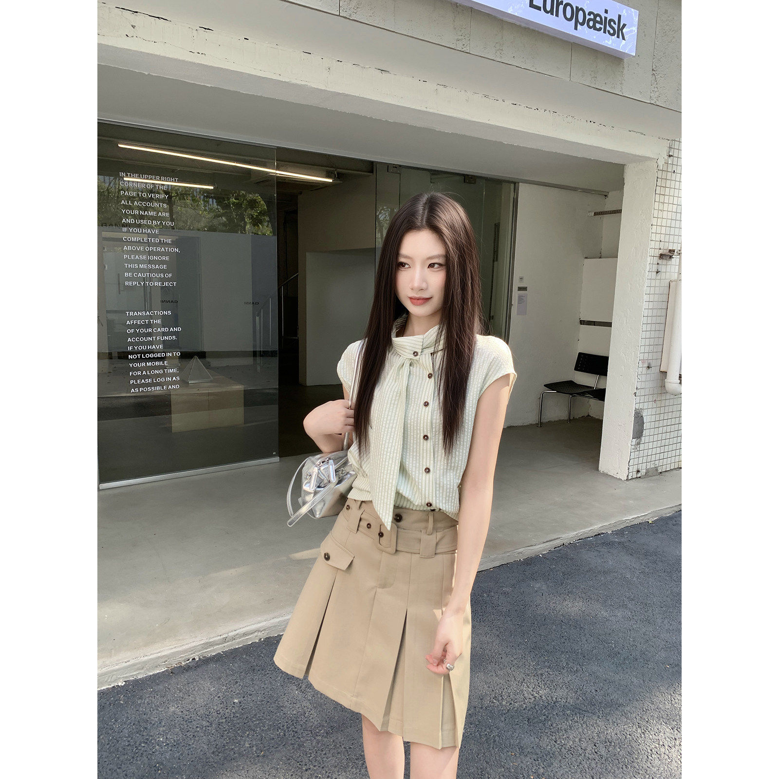 Joeyoo新款设计感卡其色不规则腰带百褶半身裙女夏高腰A字短裙子