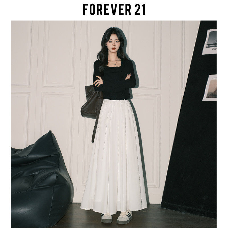 Forever21温柔春季A字白色仙女裙女高腰大摆半身裙垂感休闲长裙子