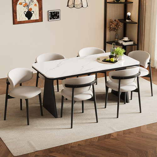 帕美迪意式极简白色岩板餐桌椅组