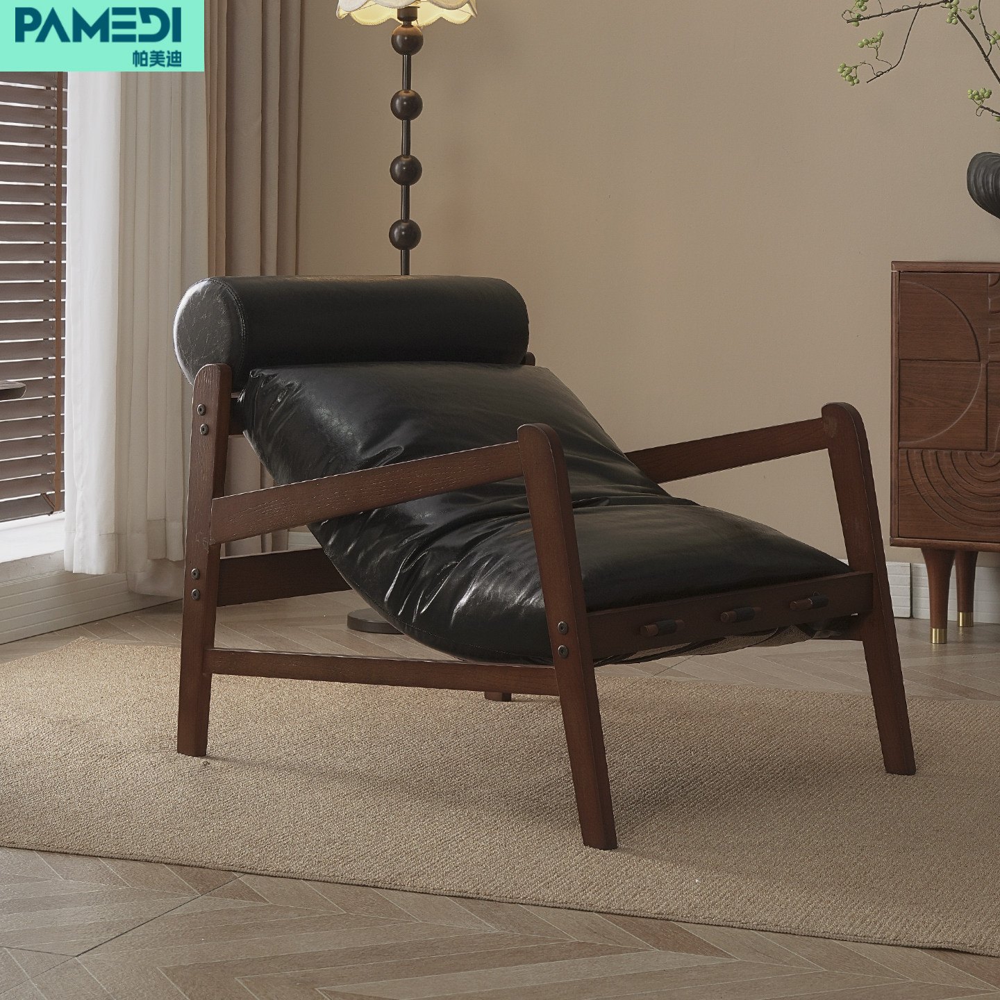 帕美迪中古风实木沙发椅经典休闲单人皮质低重心三档可调节可拆卸