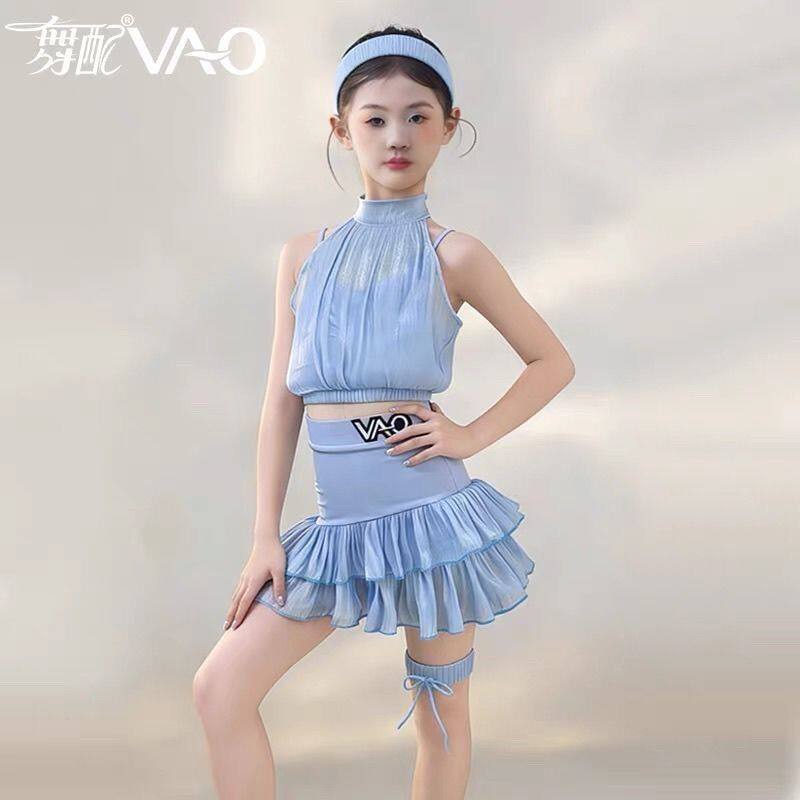 2026新款VAO舞服拉丁舞练功服女孩蓝色挂脖套装夏季蛋糕裙训练服