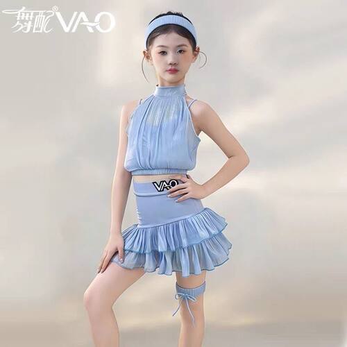 2026新款VAO舞服拉丁舞练功服女孩蓝色挂脖套装夏季蛋糕裙训练服