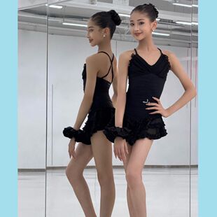 Level舞服少儿拉丁舞梦幻肌底牛奶缎弹力网纱吊带夏季练习服女童