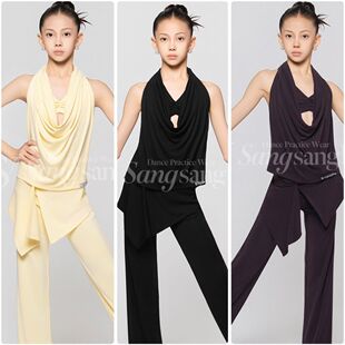 sswang舞服拉丁舞女士桑老师美背罩衫挂脖背心假两件长裤超舒适