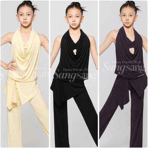 sswang舞服拉丁舞女士桑老师美背罩衫挂脖背心假两件长裤超舒适