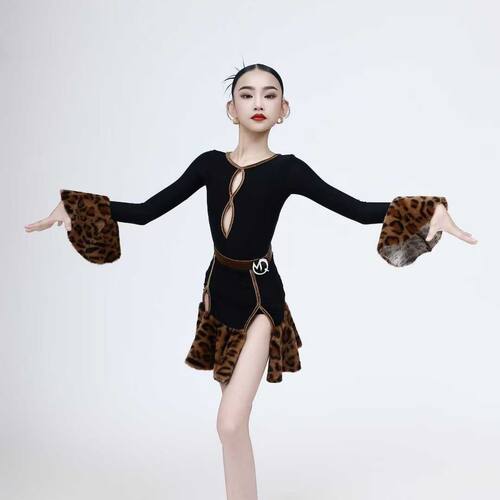 MQ舞服少儿拉丁舞秋冬豹纹巴洛特喇叭袖长袖分体练习服跳舞女童