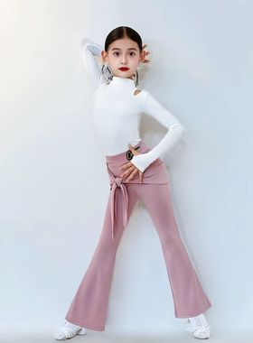 CONNY拉丁舞训练服女儿童舞蹈练功服长裤微喇叭黑色长袖上衣套装