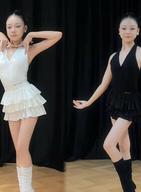 Level舞服少儿拉丁舞夏季精英挂脖蛋糕练习服分体女童练习服白色