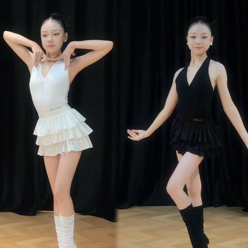 Level舞服少儿拉丁舞夏季精英挂脖蛋糕练习服分体女童练习服白色