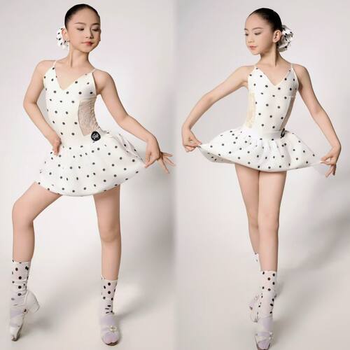 Top舞服少儿拉丁舞夏季波点可爱芭蕾风发圈练习服女蕾丝吊带女童